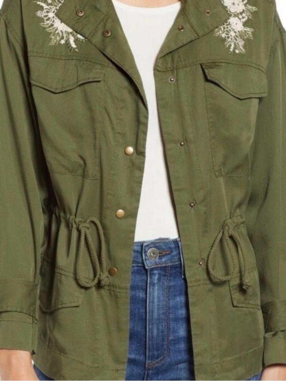 Women’s Jacket Size S Olive Green Tie Waist Cargo Embroidered Boho Cotton Coat